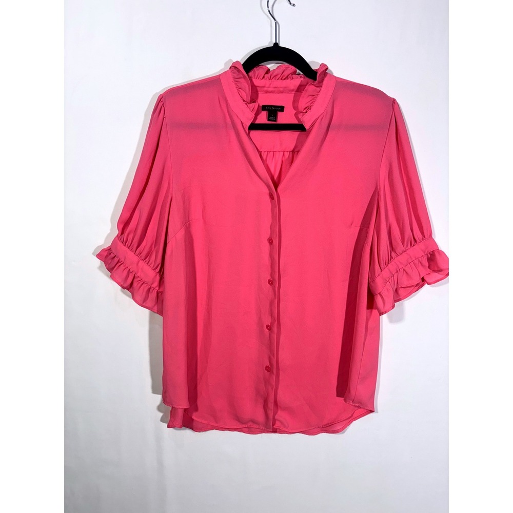 Feminine Ruffle Career Ann Taylor Button Front Blouse Women Large Pink